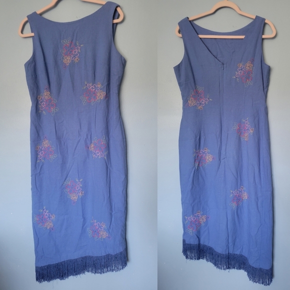 Nicole Studio Linen Blend Beaded Fringe Hem Dress Blue Size 10 - Picture 1 of 7